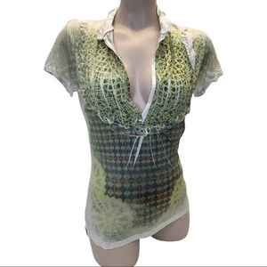Alchemic Size Small Sublimation Green & White Ruffle Trim Top. New No Tags